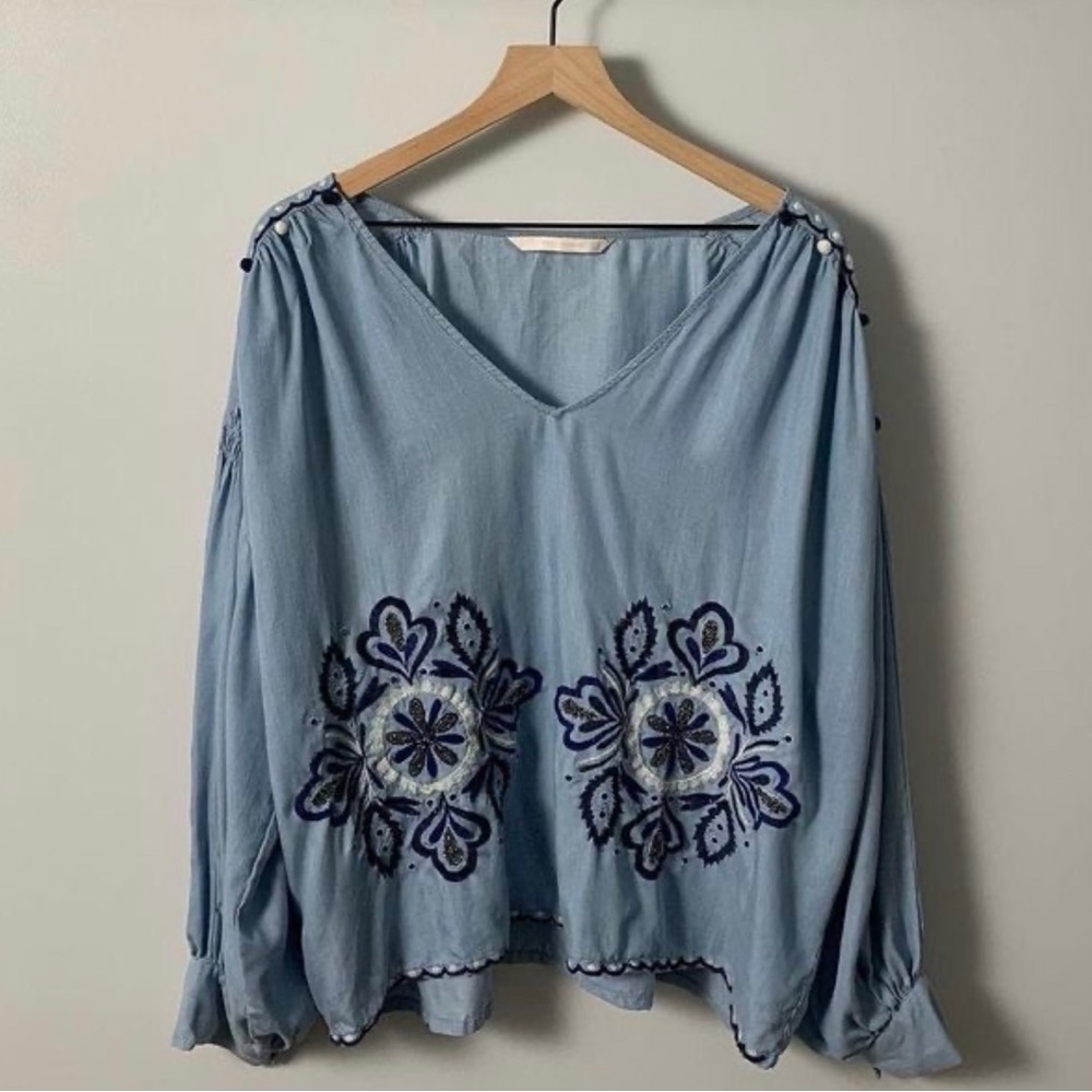 Zara Sz M Cutie Pie Peasant Style Denim Look Top w Beads Pom Poms Embroidery